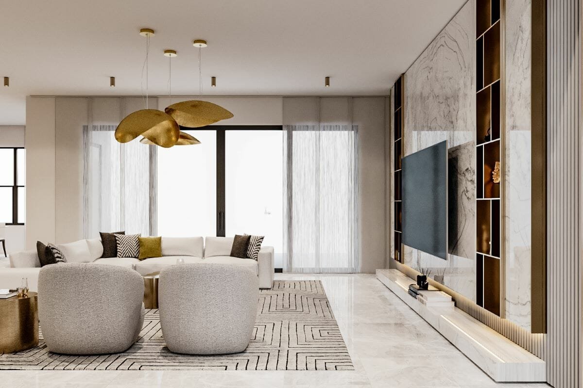 Marble-lined London living room with a single keypad controlling every system