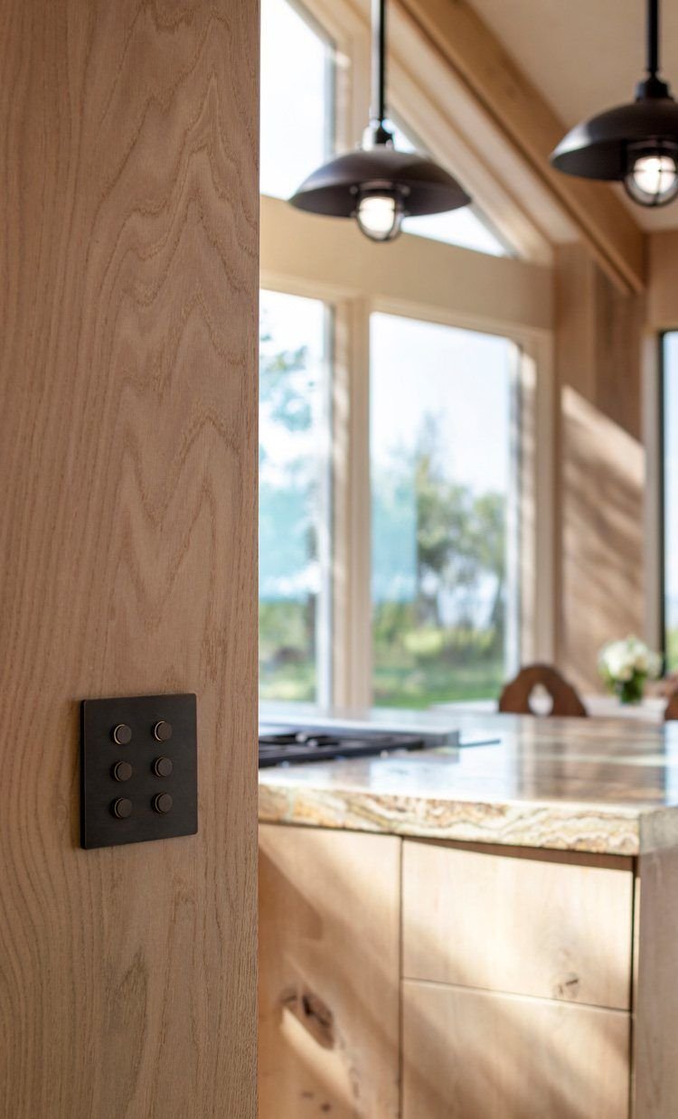 Timber kitchen with a flush-mounted lighting keypad beside the window