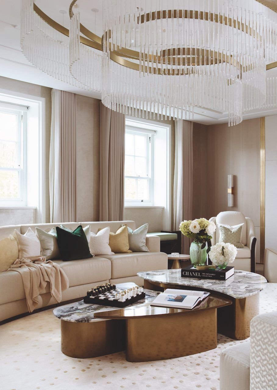Formal London drawing room with chandelier and discreet automation
