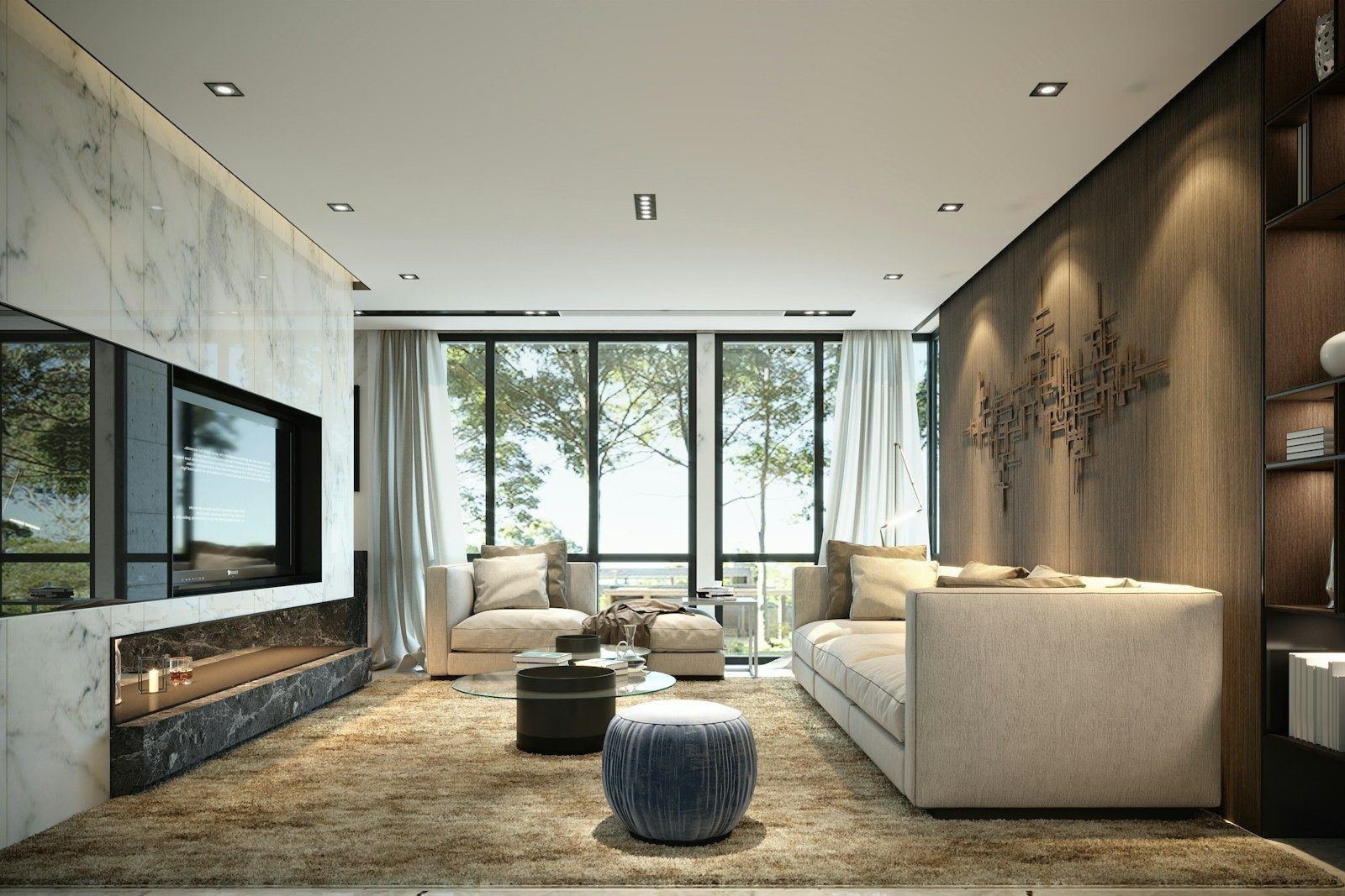 Newly built London living room with full-height glazing and concealed technology